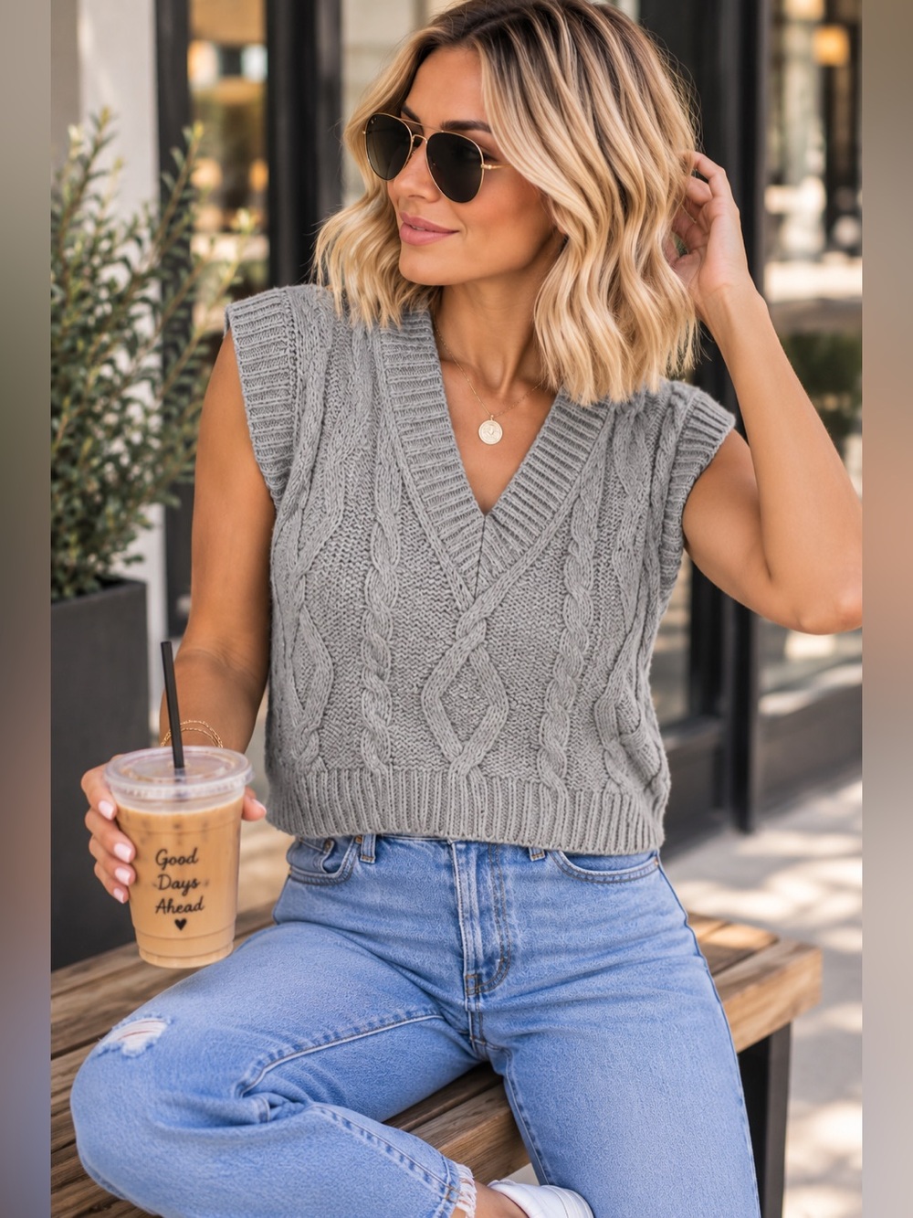 Gray Cable Sweater Vest V-Neck Sleeveless Top - 919-926
